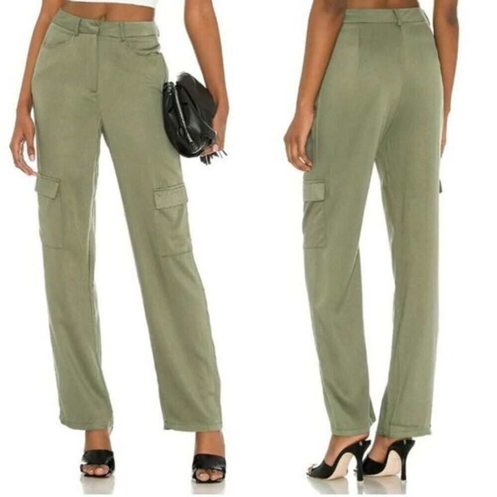 Superdown Mae Cargo Pants Womens Small Olive Green High Rise Silky Satin Tencel